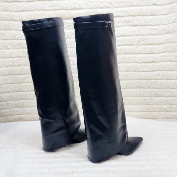 Paris Black Skirted Fold Over 3.5" Block Heel Knee High Boots - Picture 10 of 11